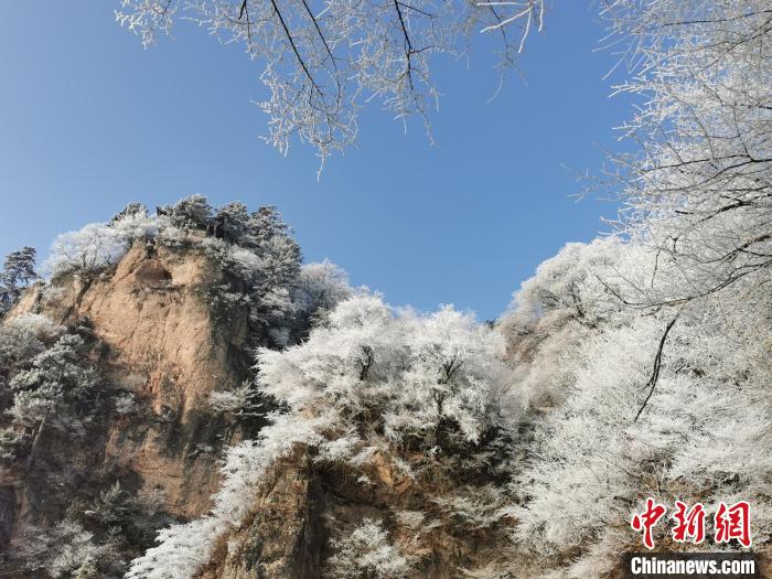 圖為藍(lán)天下霧凇籠罩山脈?！⌒煺袢A 攝