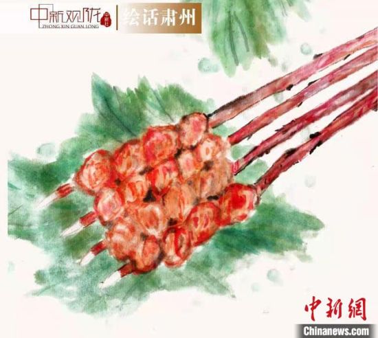 圖為酒泉美食“紅柳烤肉”繪畫作品?！《排d彥 攝