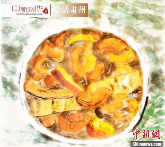 圖為酒泉美食“糊鍋”繪畫作品?！《排d彥 攝