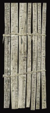 漢簡(jiǎn)《康居王使者冊(cè)》。此簡(jiǎn)記載了西域康居國(guó)使者前來(lái)“進(jìn)貢”駱駝，抵達(dá)敦煌遇到不公后反映問(wèn)題，朝廷受理解決的經(jīng)過(guò)。新華社發(fā)（甘肅簡(jiǎn)牘博物館供圖）